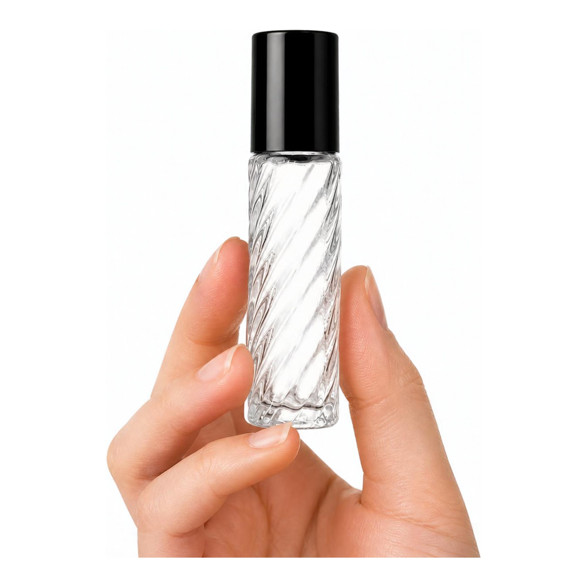 Swirl Clear 10 ml Glass Roll-On Bottles with Plastic Rollerball and Black Caps