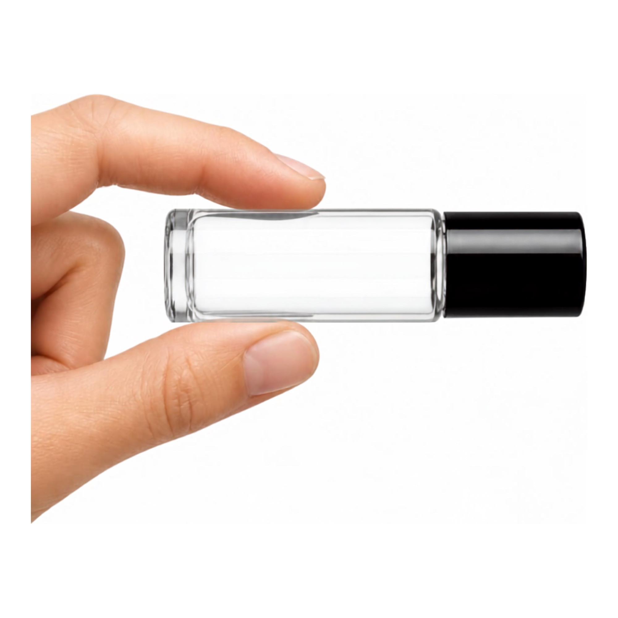 Clear 10 ml Glass Roll-On Bottles with Plastic Rollerball and Black Caps
